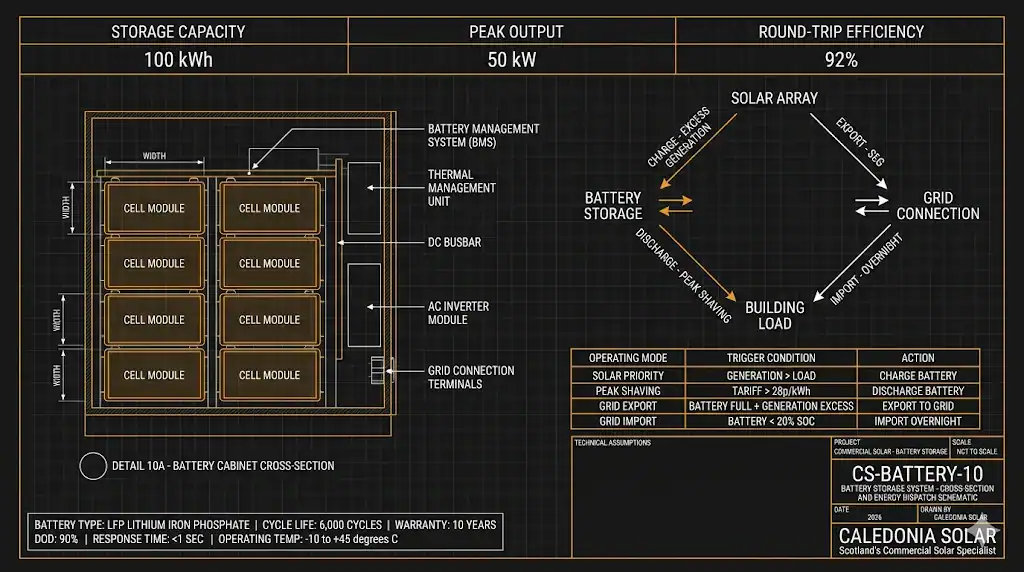 Commercial battery storage system cross-section and energy dispatch schematic - Caledonia Solar