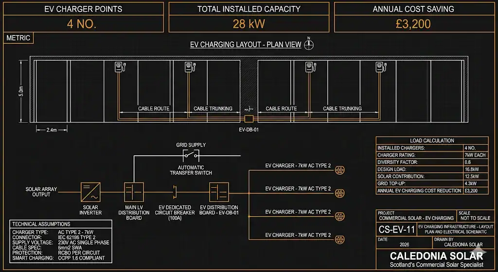 Commercial EV charging infrastructure layout plan and electrical schematic - Caledonia Solar