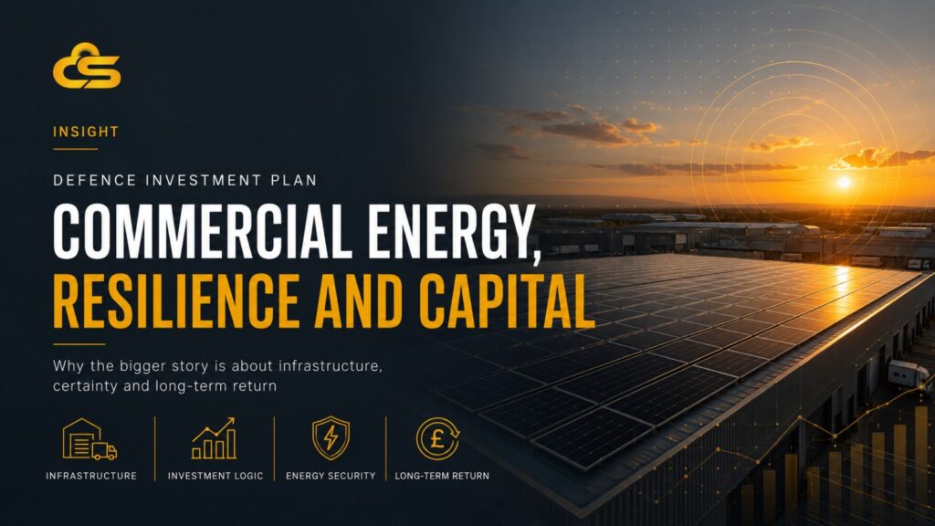 Caledonia Solar insight cover reading 'Defence Investment Plan - Commercial Energy, Resilience and Capital', with an industrial estate at sunset behind a large rooftop solar array.