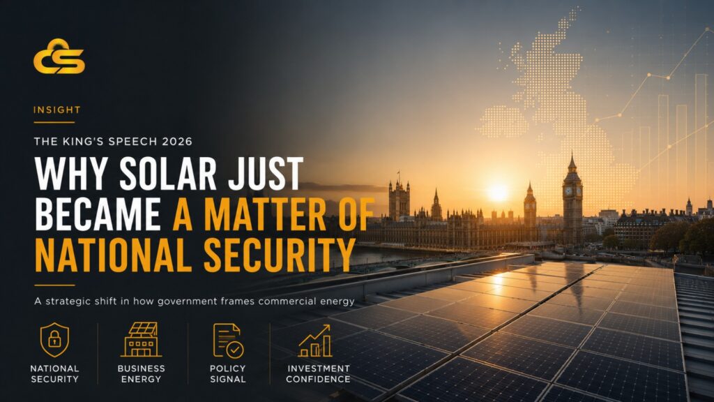 Caledonia Solar insight cover reading 'The King's Speech 2026 - Why Solar Just Became a Matter of National Security', with the Houses of Parliament at sunset behind a commercial rooftop solar array.