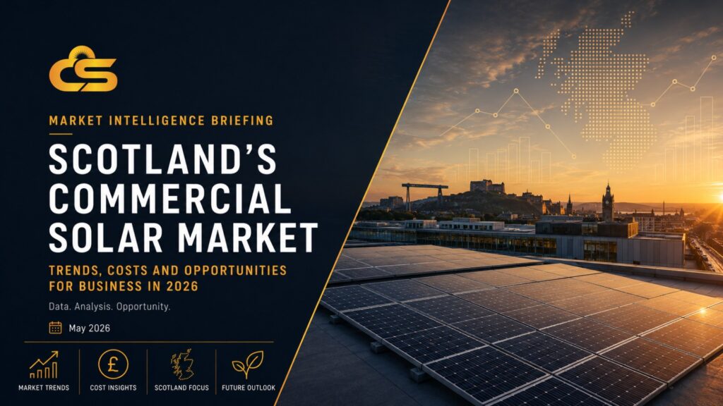 Caledonia Solar market intelligence briefing cover reading "Scotland's Commercial Solar Market - Trends, Costs and Opportunities for Business in 2026", with Edinburgh at sunset behind a commercial rooftop solar array.